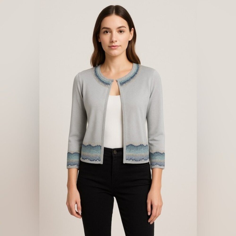 Lafayette 148 New York Metallic Knit Cardigan Size P XS Silver‎ Blue Trim